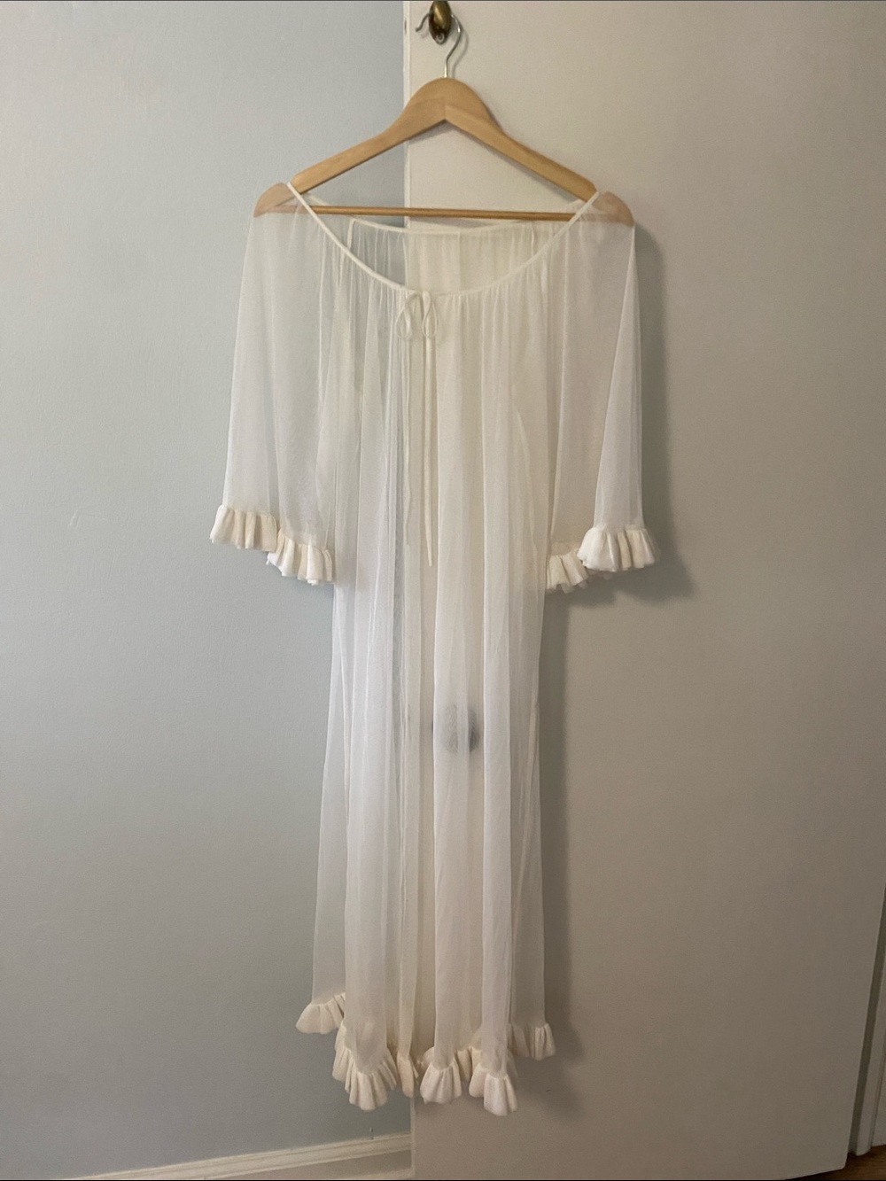Sheer Cream Ruffle-Trim Long Robe with Tie Front